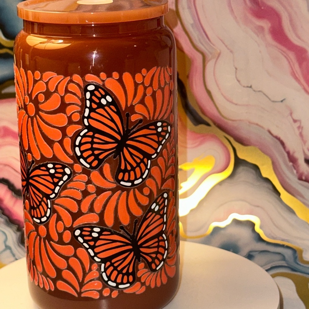 16 ounce glass cup with Butterfly Floral UVDTF